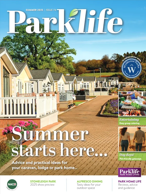 The cover of Parklife magazine issue 75, NACO's members' magazine for caravan and lodge owners