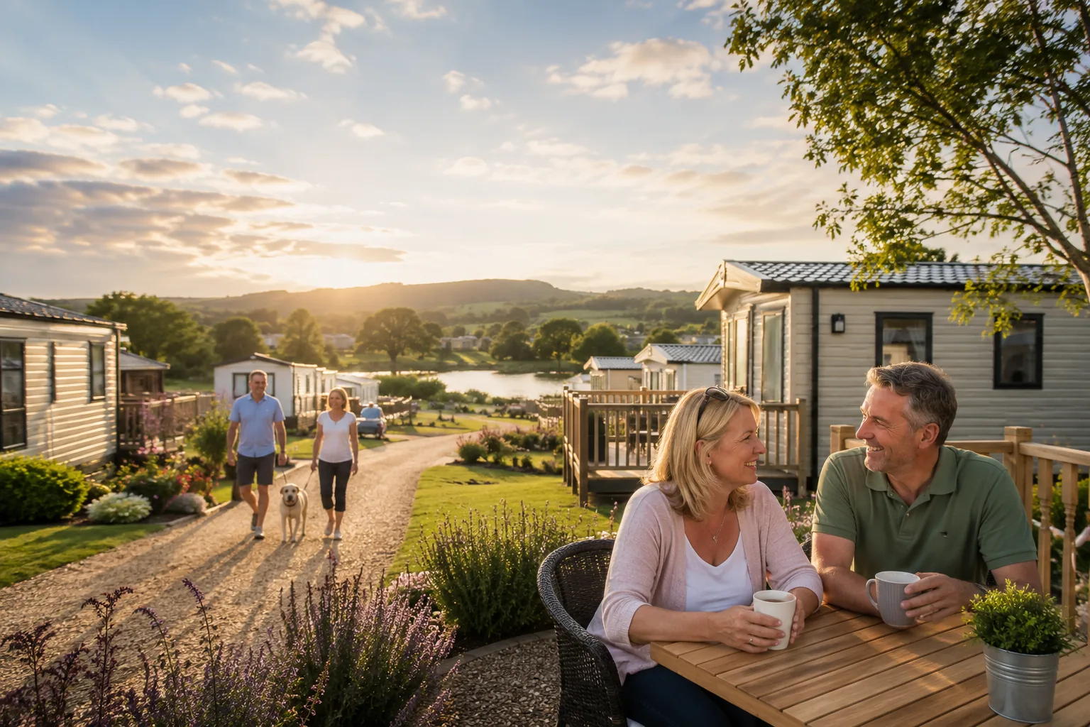 A family relaxing outside their static caravan